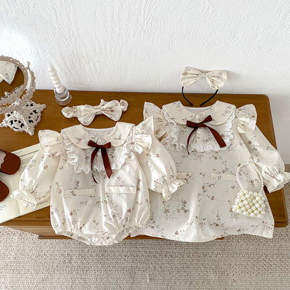 Vintage Floral Lace-Collar Romper or Dress Set with Headband – Baby & Toddler Girl