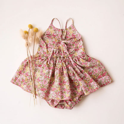 Ditsy Floral & Eyelet Dress-Romper for Baby Girls – Spaghetti Strap Summer Bubble Dress