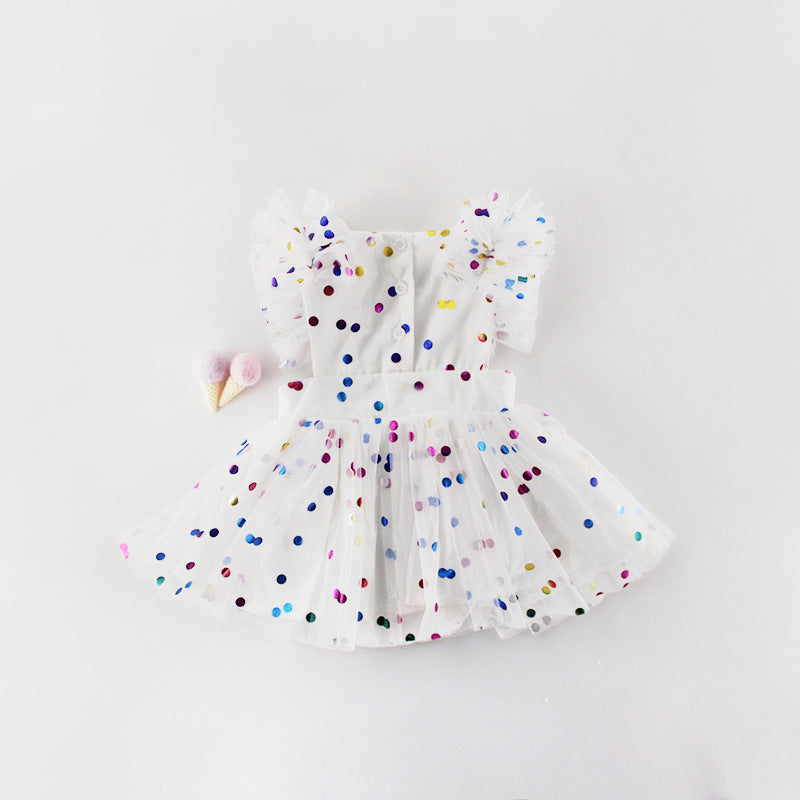 Baby Girl Confetti Dot Tulle Romper Dress – Flutter Sleeves & Rainbow Sequin Print, Sizes 0–3 Years