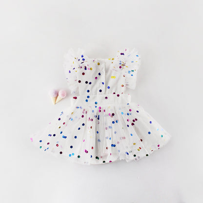 Baby Girl Confetti Dot Tulle Romper Dress – Flutter Sleeves & Rainbow Sequin Print, Sizes 0–3 Years