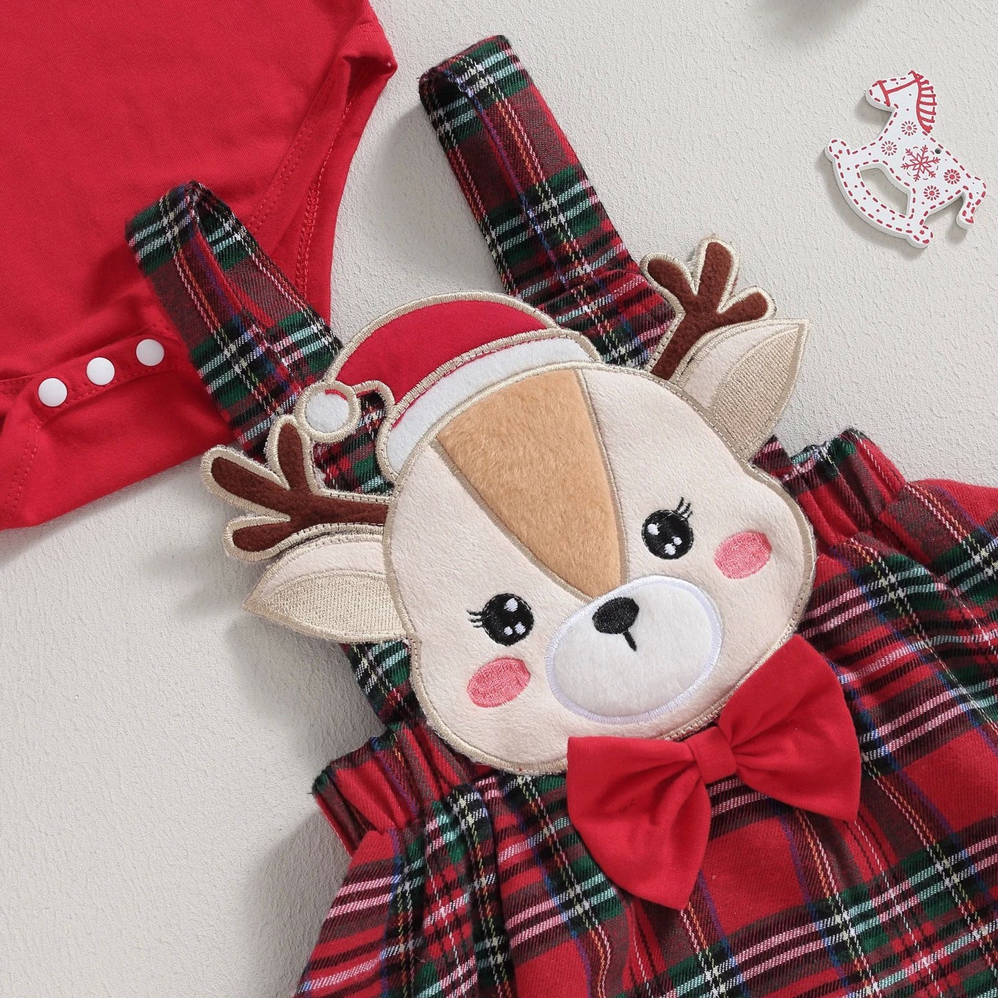 Baby Girl Christmas Ruffle Romper & Plaid Suspender Skirt Set with Headband