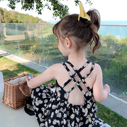 Girls' Black Daisy Print Cross-Back Sundress
