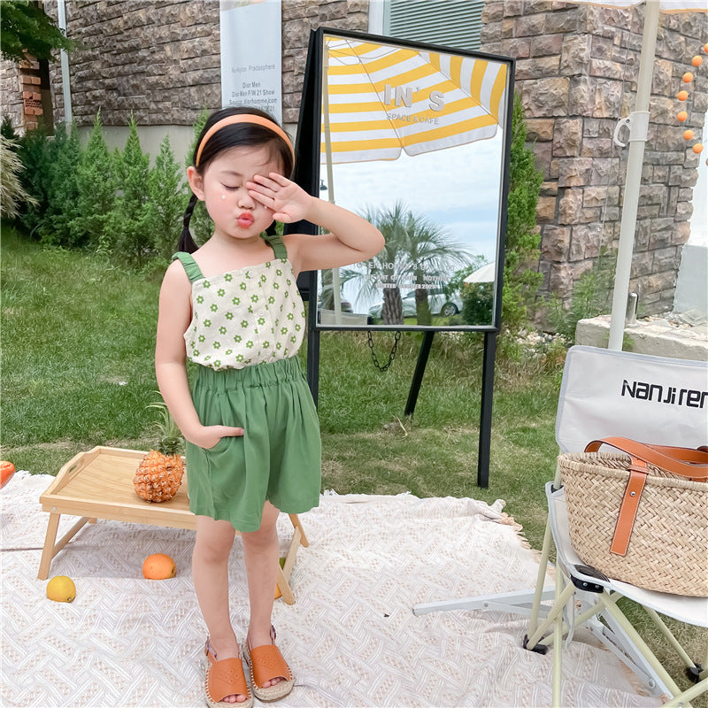 Toddler Girl Green Daisy Cami Top & Solid Shorts Set