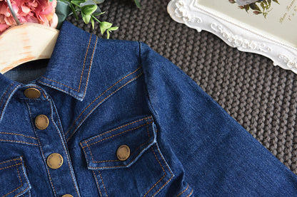 Girls' Button-Front Denim A-Line Dress – Long Sleeve with Chest Pockets, Sizes 2–8