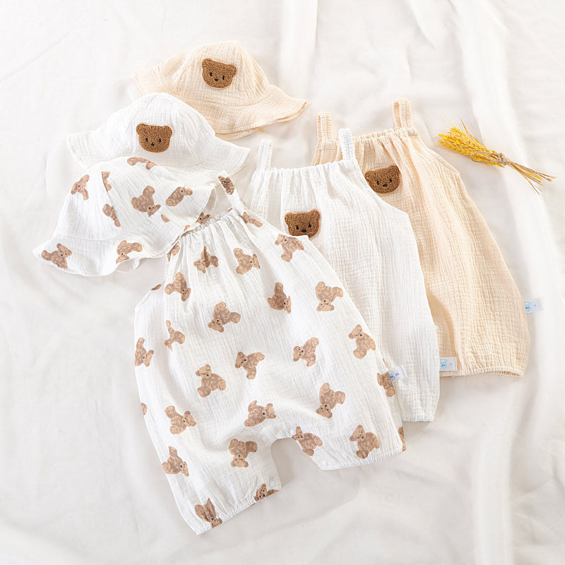 Sleeveless Cotton Gauze Baby Romper Set with Hat – Lightweight Summer Crawling Suit