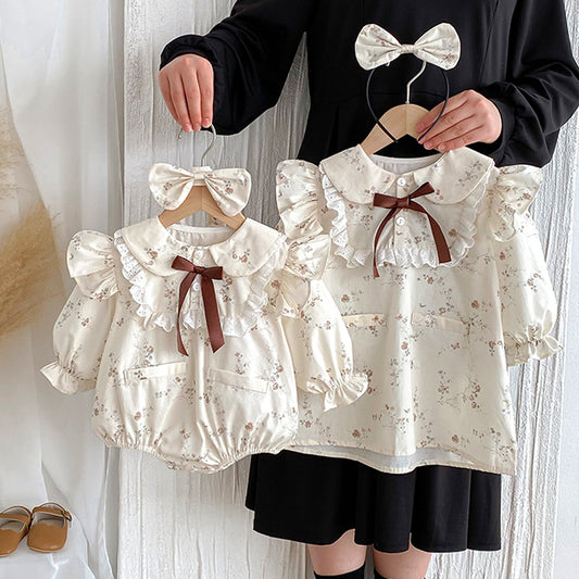 Vintage Floral Lace-Collar Romper or Dress Set with Headband – Baby & Toddler Girl