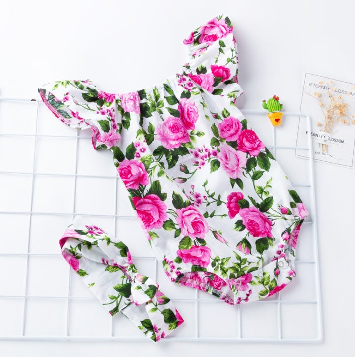 Floral Flutter Sleeve Baby Romper with Headband