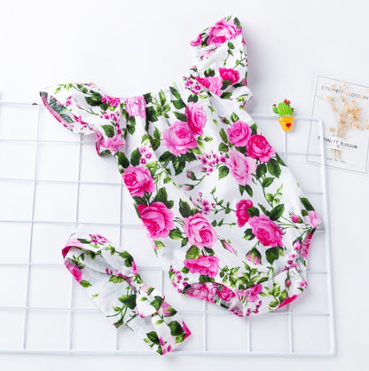 Floral Flutter Sleeve Baby Romper with Headband