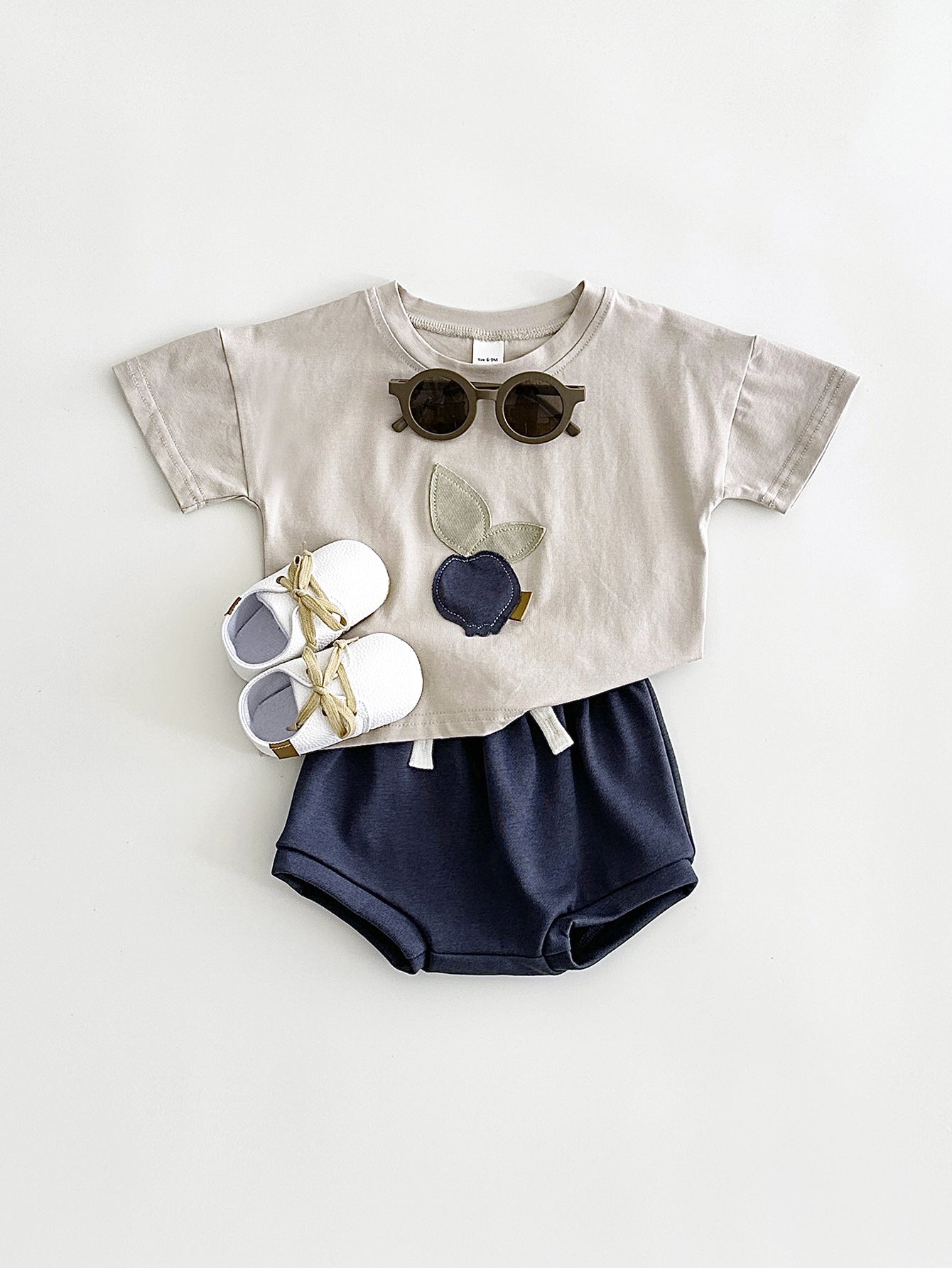 Baby & Toddler Fruit Appliqué Tee & Bloomer Shorts Set | Summer Cotton 2-Piece in Sage or Camel