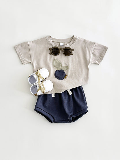 Baby & Toddler Fruit Appliqué Tee & Bloomer Shorts Set | Summer Cotton 2-Piece in Sage or Camel