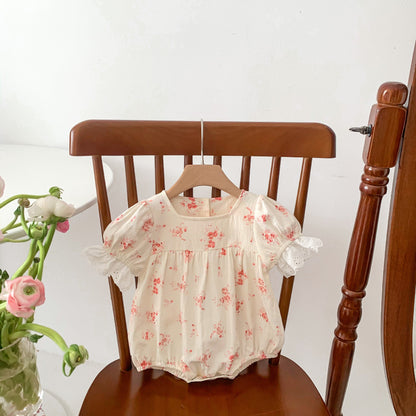 Pink Floral Puff Sleeve Romper with Eyelet Lace Cuffs – Baby Girl Summer Bubble Suit