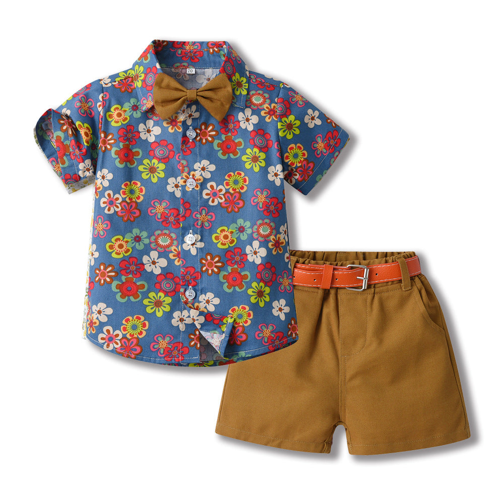 Toddler & Little Boys' Floral Button-Down Shirt & Shorts Set with Bow Tie and Belt – Sizes 3 Months–6 Years