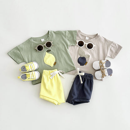 Baby & Toddler Fruit Appliqué Tee & Bloomer Shorts Set | Summer Cotton 2-Piece in Sage or Camel