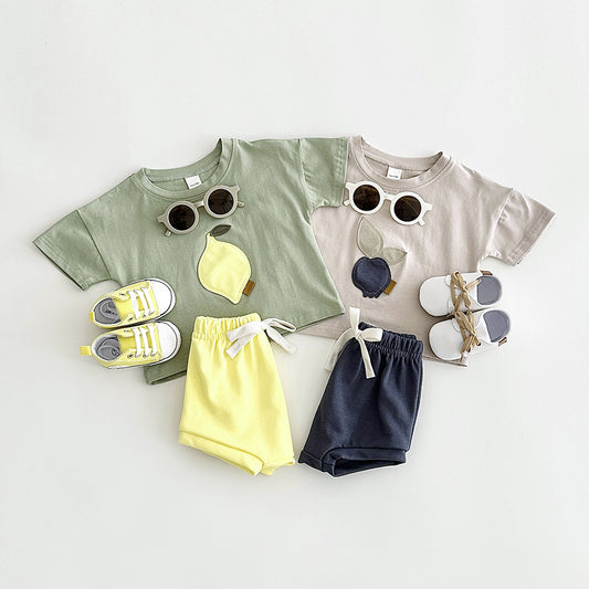 Baby & Toddler Fruit Appliqué Tee & Bloomer Shorts Set | Summer Cotton 2-Piece in Sage or Camel