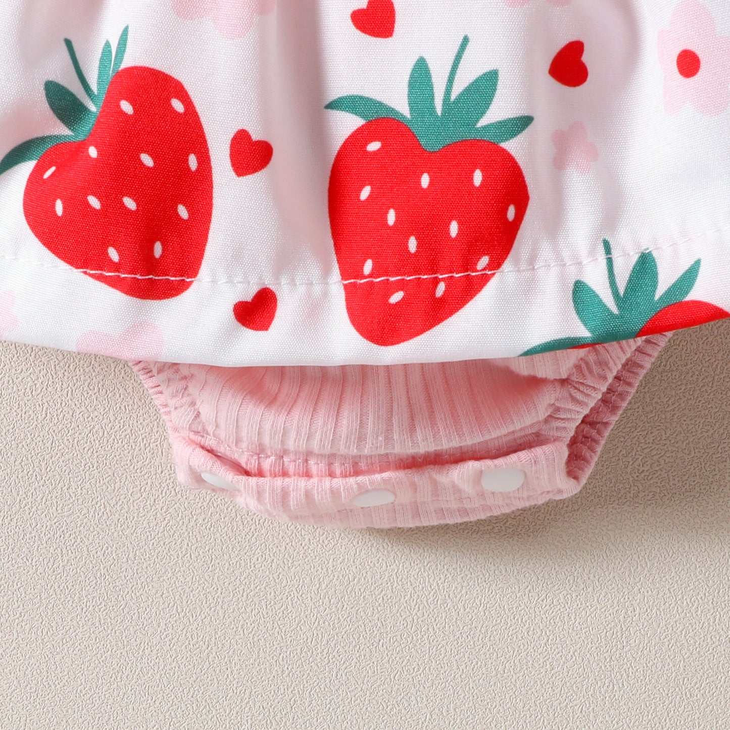 Baby Girl Strawberry Print Lace-Sleeve Romper Dress with Bow & Headband