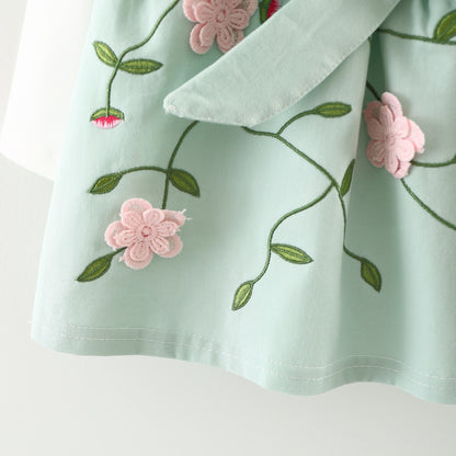 Baby Girl's 3D Flower Pinafore & White Top Set | Khaki or Pink Embroidered Floral 2-Piece