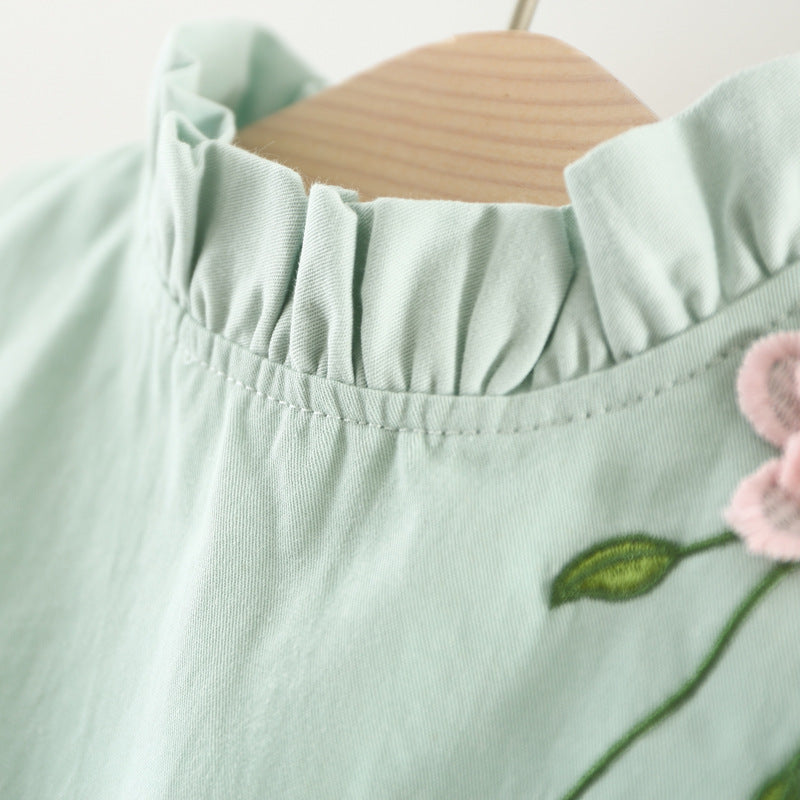 Baby Girl's 3D Flower Pinafore & White Top Set | Khaki or Pink Embroidered Floral 2-Piece