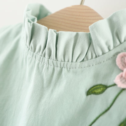 Baby Girl's 3D Flower Pinafore & White Top Set | Khaki or Pink Embroidered Floral 2-Piece