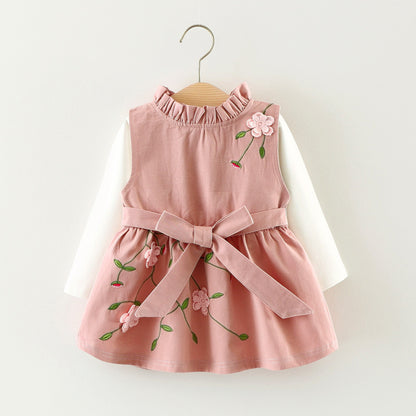 Baby Girl's 3D Flower Pinafore & White Top Set | Khaki or Pink Embroidered Floral 2-Piece