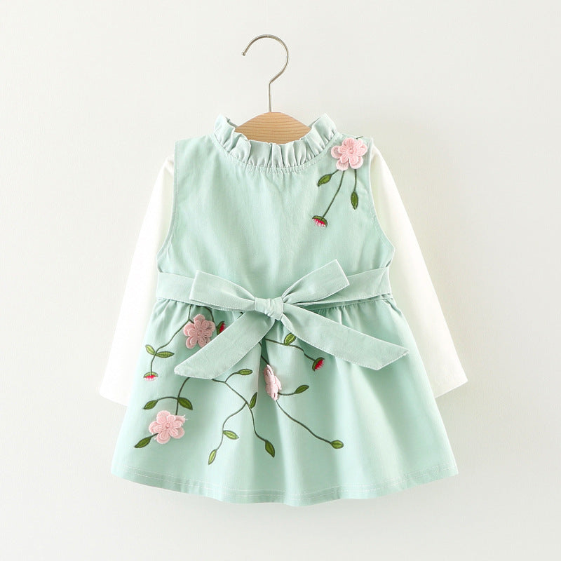 Baby Girl's 3D Flower Pinafore & White Top Set | Khaki or Pink Embroidered Floral 2-Piece