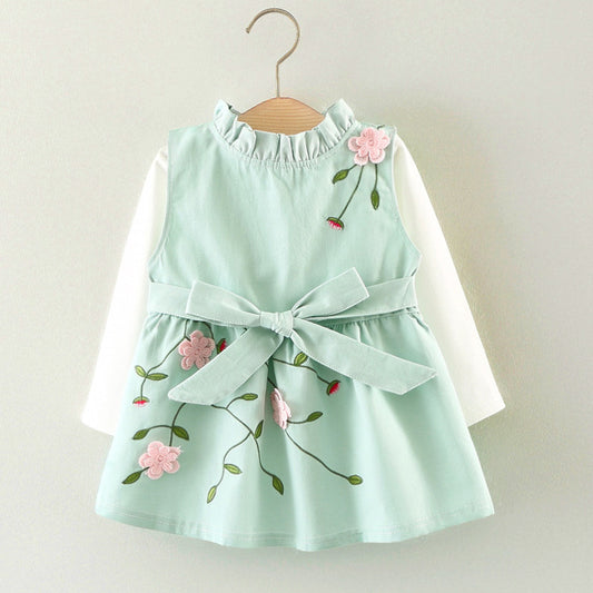 Baby Girl's 3D Flower Pinafore & White Top Set | Khaki or Pink Embroidered Floral 2-Piece