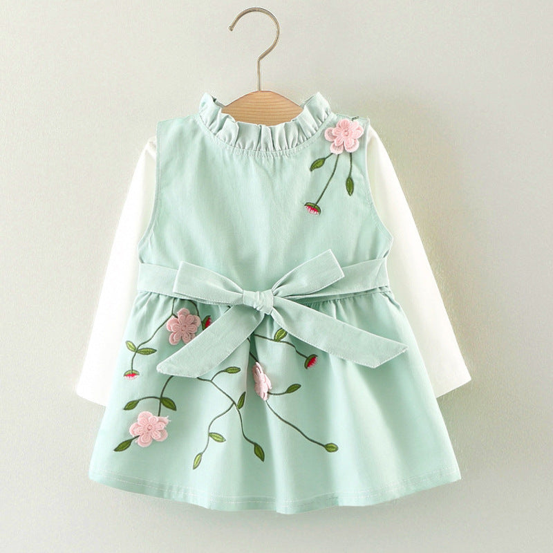Baby Girl's 3D Flower Pinafore & White Top Set | Khaki or Pink Embroidered Floral 2-Piece