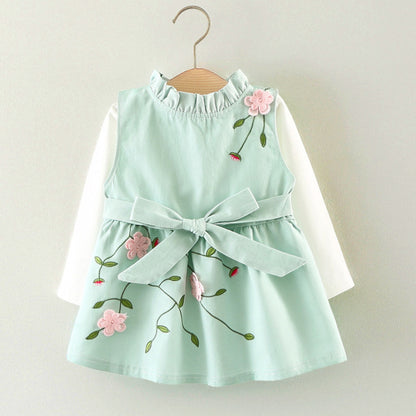 Baby Girl's 3D Flower Pinafore & White Top Set | Khaki or Pink Embroidered Floral 2-Piece