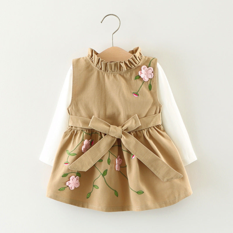 Baby Girl's 3D Flower Pinafore & White Top Set | Khaki or Pink Embroidered Floral 2-Piece