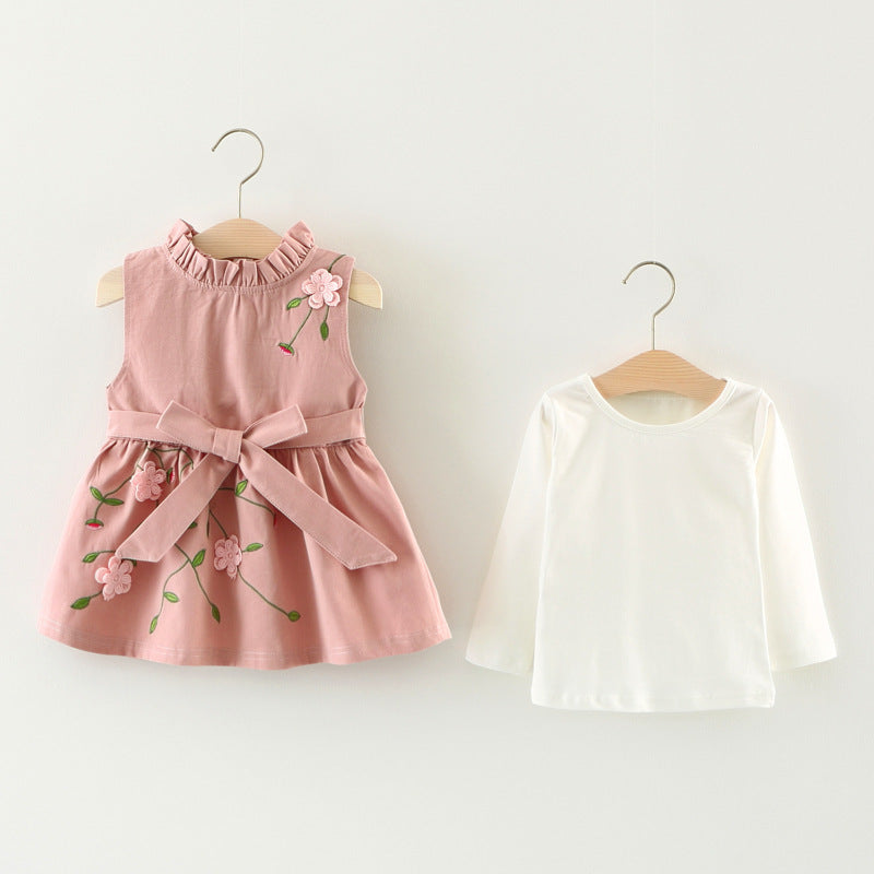 Baby Girl's 3D Flower Pinafore & White Top Set | Khaki or Pink Embroidered Floral 2-Piece