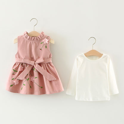 Baby Girl's 3D Flower Pinafore & White Top Set | Khaki or Pink Embroidered Floral 2-Piece