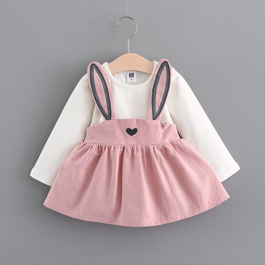 Baby Girls' Bunny Ear Overlay Dress – Long-Sleeve Cotton A-Line for Infants & Toddlers
