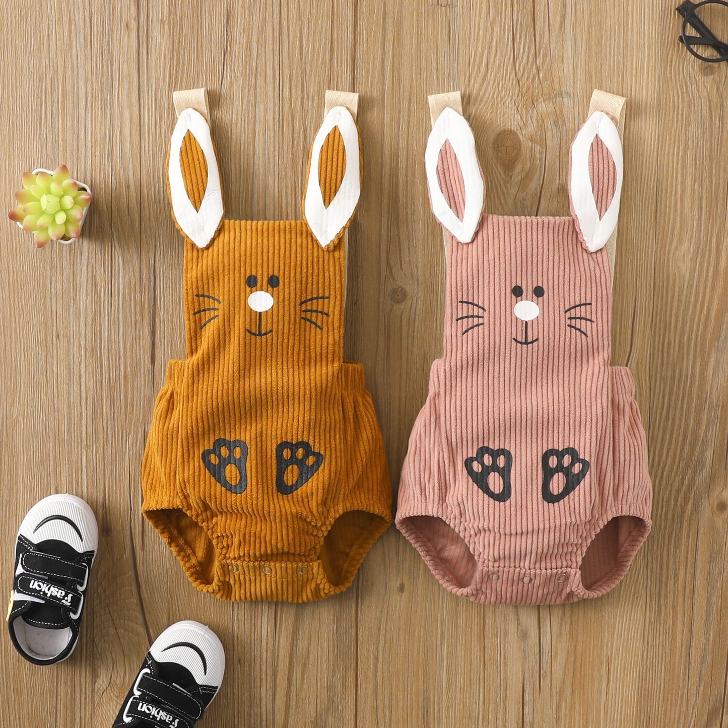 Baby Corduroy Bunny Romper with 3D Ear Straps | Snap-Close Sleeveless Bodysuit in Pink or Mustard