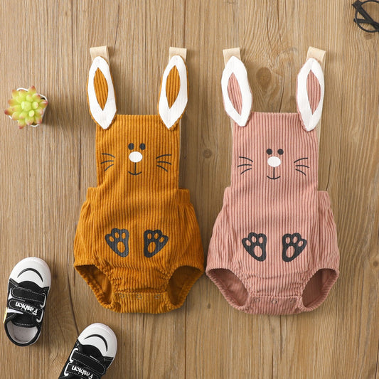 Baby Corduroy Bunny Romper with 3D Ear Straps | Snap-Close Sleeveless Bodysuit in Pink or Mustard