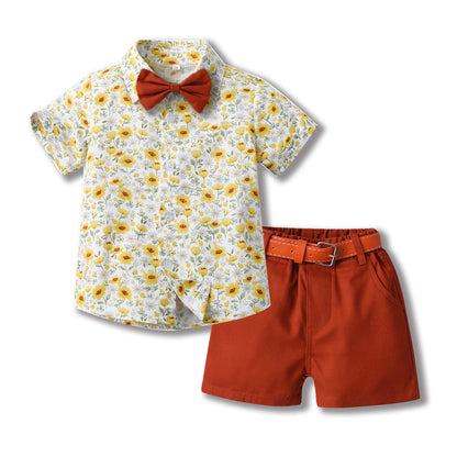 Toddler & Little Boys' Floral Button-Down Shirt & Shorts Set with Bow Tie and Belt – Sizes 3 Months–6 Years