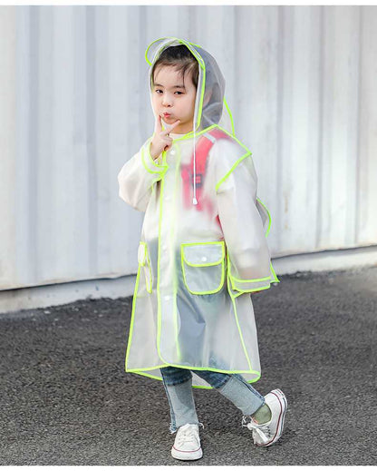 Transparent Kids' Raincoat with Built-In Backpack Cover – School Rain Jacket with Colored Trim