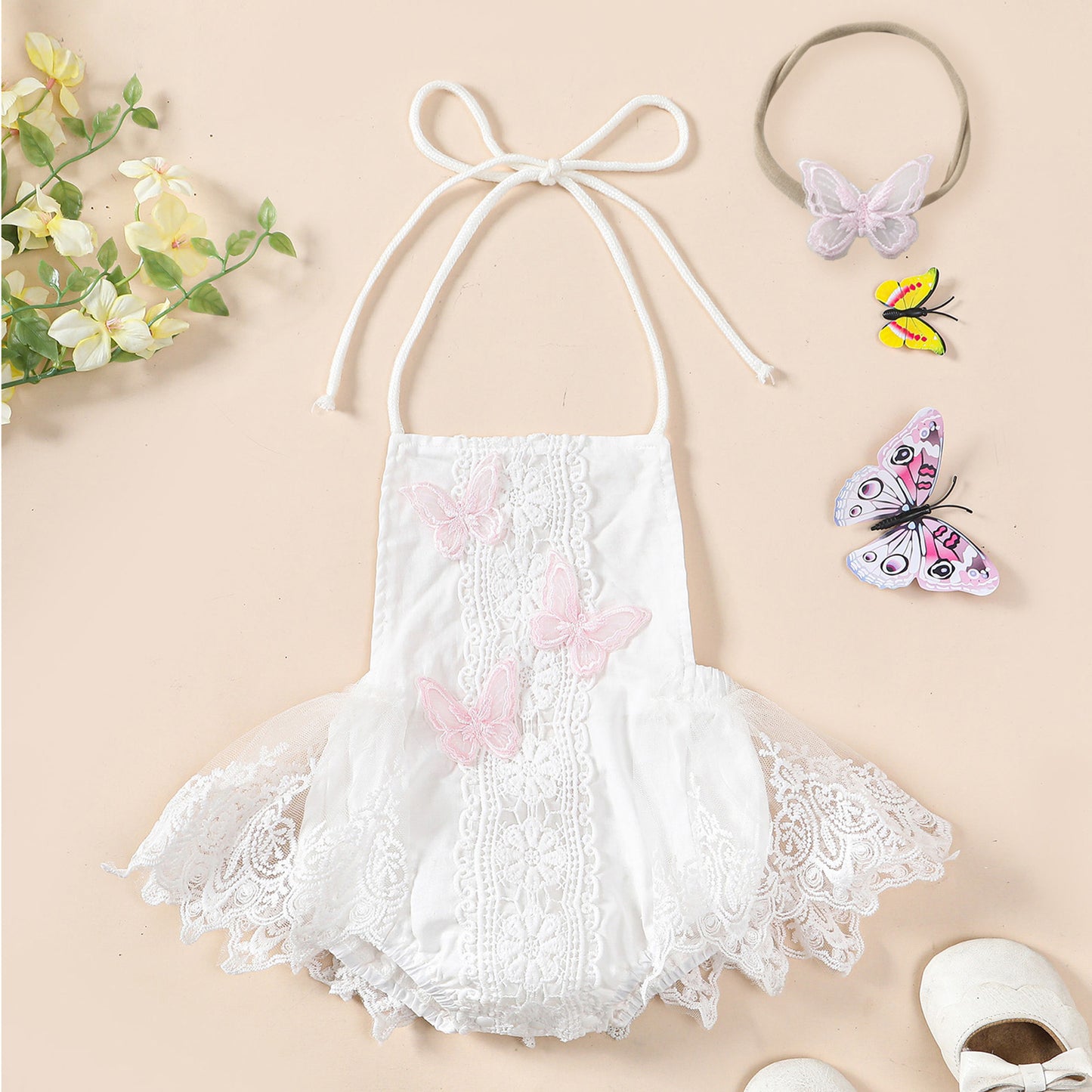 Baby Girl Butterfly Lace Romper Dress with Headband — Halter Neck Tutu Style