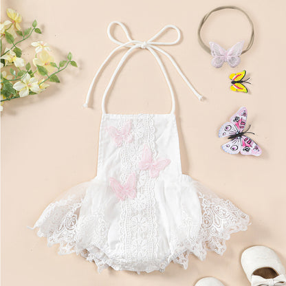Baby Girl Butterfly Lace Romper Dress with Headband — Halter Neck Tutu Style