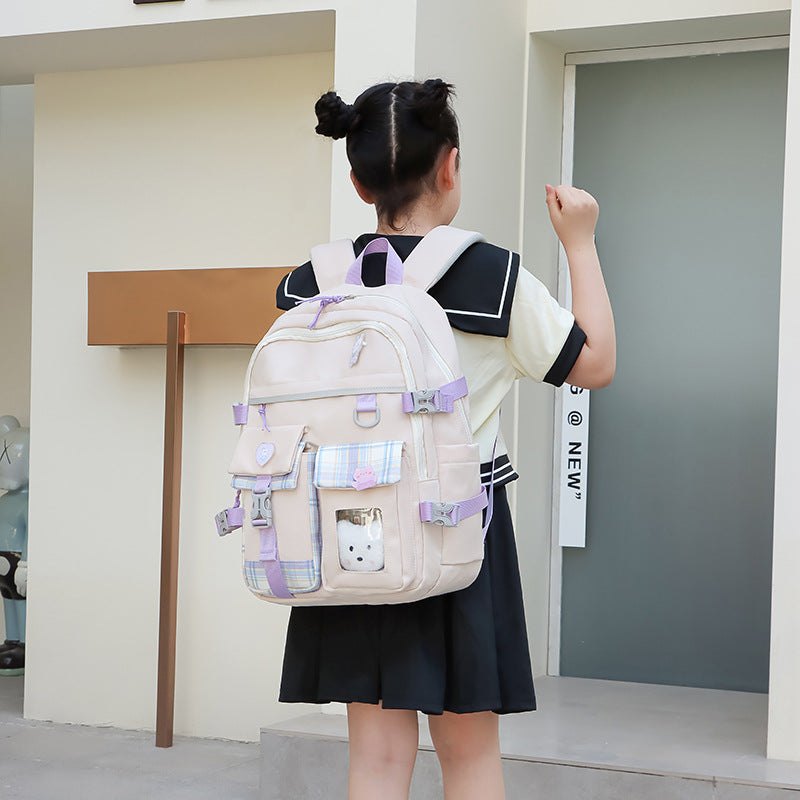 Cute Lightweight Kids School Backpack with Pockets + Pom-Pom Charm (Nylon)