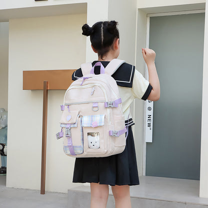 Cute Lightweight Kids School Backpack with Pockets + Pom-Pom Charm (Nylon)