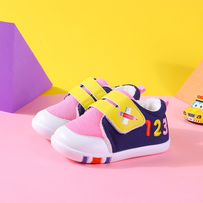 "1-2-3" Color-Block Fleece-Lined Baby Sneakers | Warm Velcro Shoes for Fall & Winter