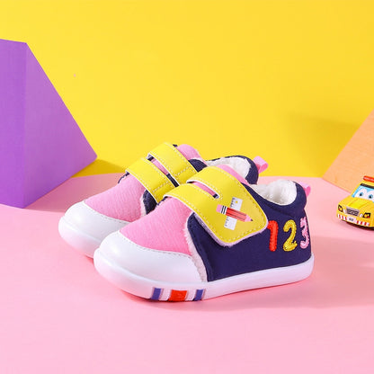 "1-2-3" Color-Block Fleece-Lined Baby Sneakers | Warm Velcro Shoes for Fall & Winter
