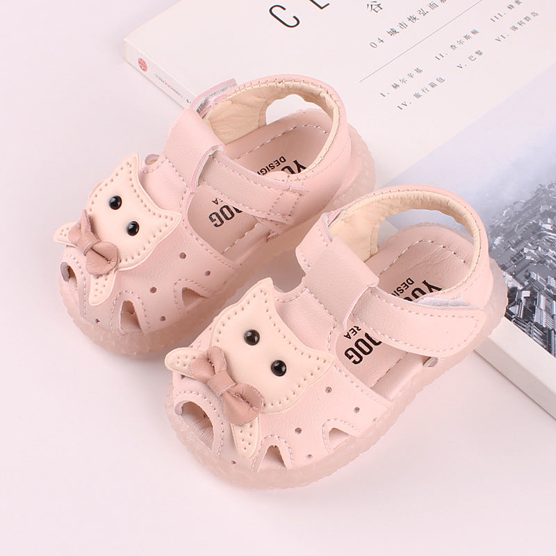 Kitty Face Bow Soft-Sole Baby Girl Sandals | Closed-Toe Cutout Style in Pink & White