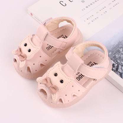 Kitty Face Bow Soft-Sole Baby Girl Sandals | Closed-Toe Cutout Style in Pink & White