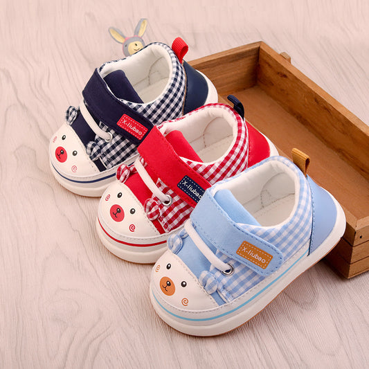 Plaid Canvas Baby Sneakers with Bear Face Toe Cap | Soft-Sole Pre-Walker in Blue, Red & Navy