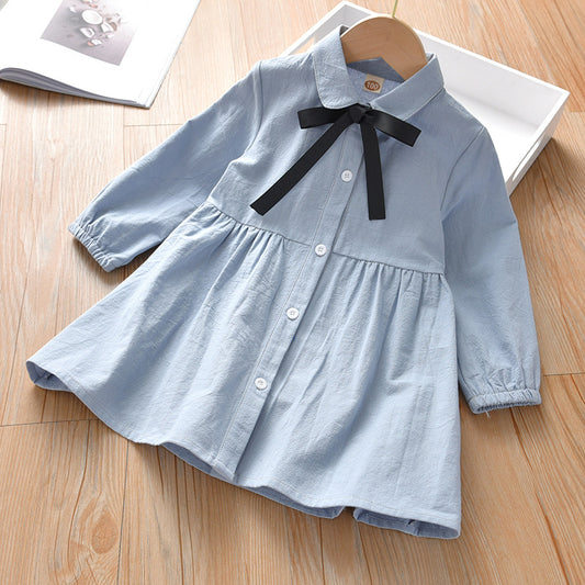 Girls' Long-Sleeve Button-Front Shirt Dress – Cotton A-Line with Belt or Bow Detail