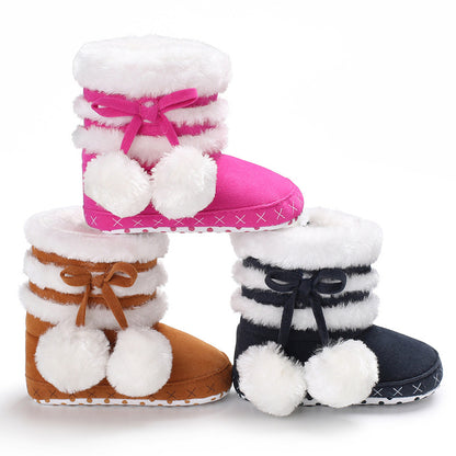 Pom Pom Faux Fur Baby Winter Booties with Anti-Slip Sole