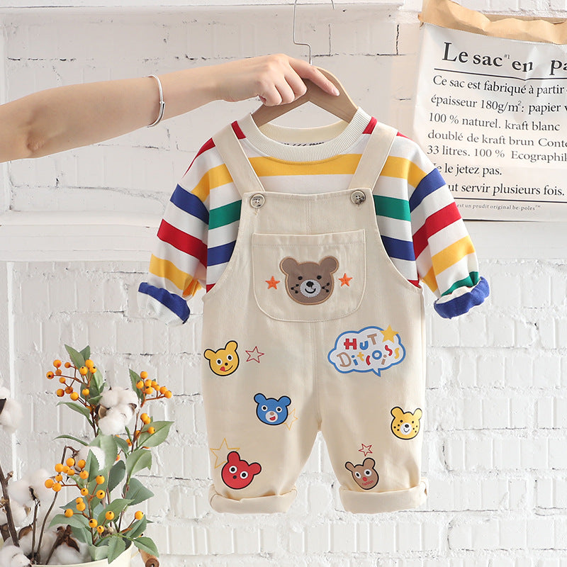 Toddler Boy 2-Piece Outfit Set – Rainbow Stripe Long-Sleeve Tee & Cartoon Bear Suspender Pants (6 Months–5 Years)