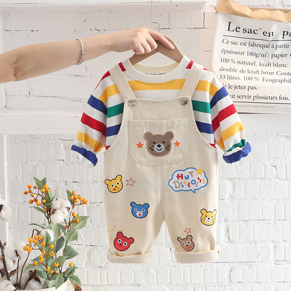 Toddler Boy 2-Piece Outfit Set – Rainbow Stripe Long-Sleeve Tee & Cartoon Bear Suspender Pants (6 Months–5 Years)