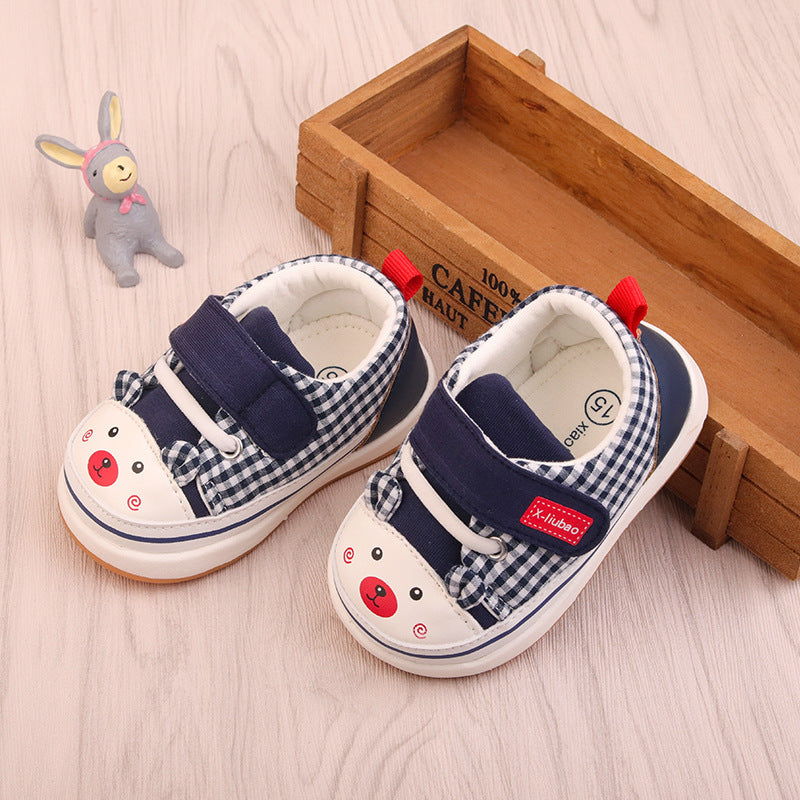 Plaid Canvas Baby Sneakers with Bear Face Toe Cap | Soft-Sole Pre-Walker in Blue, Red & Navy