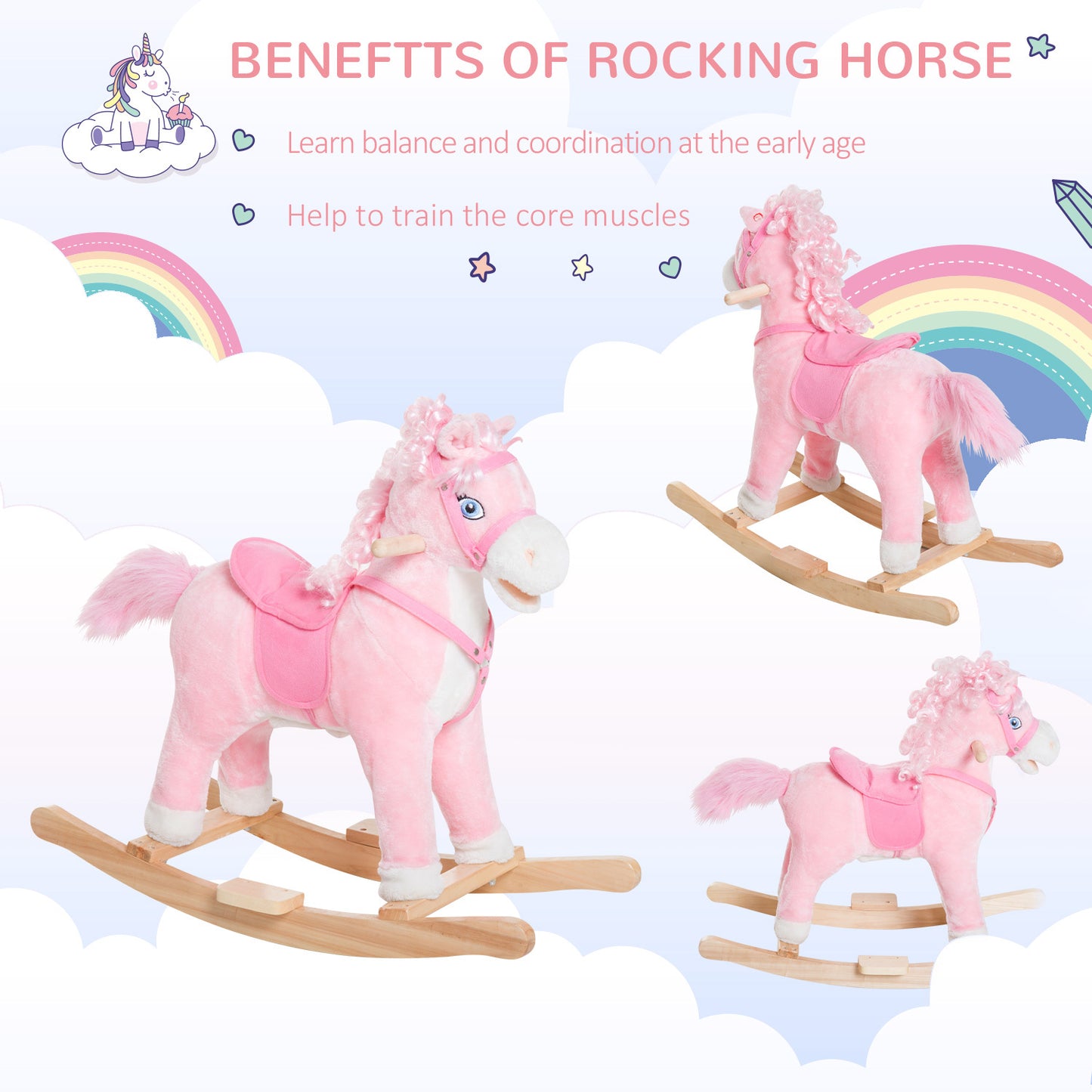 Pink Plush Rocking Horse – Realistic Sounds & Swinging Tail for Kids 3+